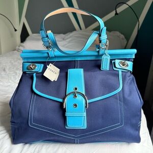 Rare Vintage Coach Turnlock Canvas & Leather Carryall Satchel - Navy/Aqua NWT
